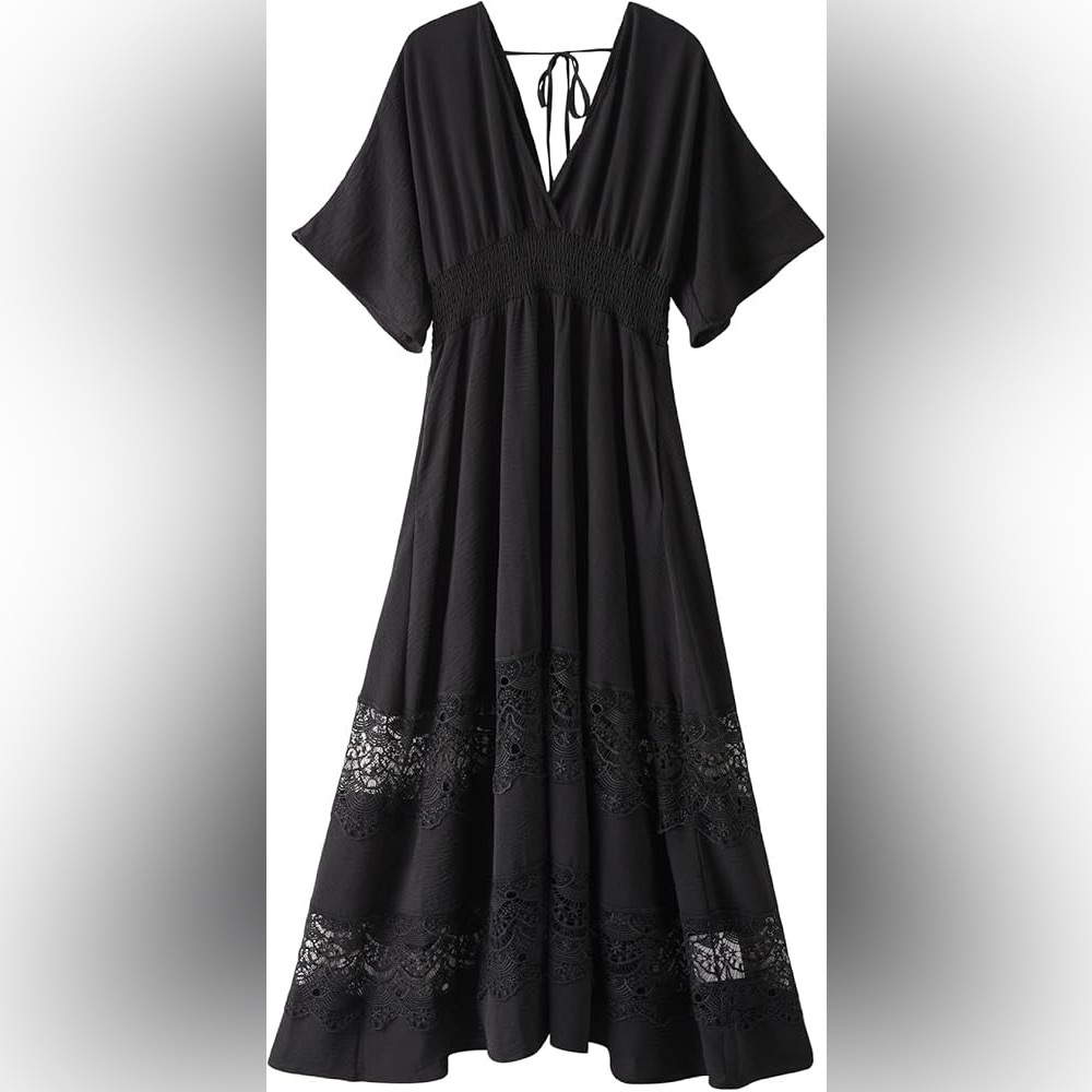 Black Lace Maxi Dress by Olaesa Women's, Summer Beach Dress with Pockets